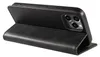 A black leather flip case for an iPhone is shown from the side, propped open. Produktbild-Vorschau