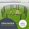 Two puppies are playing inside a black metal playpen set up on a grassy lawn. Podgląd zdjęcia produktu