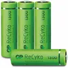 Four green rechargeable AA batteries are shown, with one lying horizontally in the foreground and three standing vertically behind it. Produktbild-Vorschau