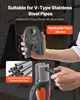 A person is holding a pipe crimping tool and demonstrating its use with stainless steel pipes. Podgląd zdjęcia produktu