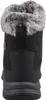 The back view of a black winter boot with a gray faux fur trim. Voir les images du produit