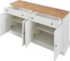 A white sideboard with a wooden top, featuring open drawers and doors to show its storage space. Anteprima dell’immagine prodotto