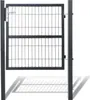 A dark gray metal garden gate is shown in an open position, attached to a post on the left and a separate post on the right. The gate has a wire mesh infill and a horizontal bar across the middle. Shadows are cast on the white background. Produktbild-Vorschau