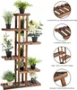 A multi-tiered wooden plant stand filled with various potted plants, with close-up inset images highlighting product features. Produktbild-Vorschau