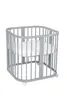 A gray baby crib with a white mattress inside, shown against a white background. Produktbild-Vorschau