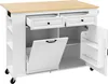 A white kitchen island with a wooden top, shown with drawers and cabinets open. Voir les images du produit
