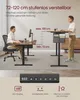 Two people are shown using height-adjustable desks in an office setting, with text highlighting the desk's adjustable height range and features. Produktbild-Vorschau