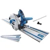 A circular saw with a track and accessories on a white background. Produktbild-Vorschau