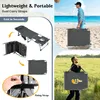 A collage of images showing a foldable lounge chair, its folding mechanism, and people using it in different settings. Náhled obrázku produktu