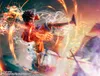 A dynamic action shot of Monkey D. Luffy from One Piece, surrounded by fiery effects and smoke, with ships in the background. Podgląd zdjęcia produktu