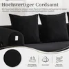 A close-up view of a black corduroy sofa with two pillows, accompanied by marketing text and icons highlighting product features. Produktbild-Vorschau