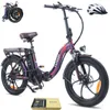 A purple electric folding bicycle is shown with a helmet and a gift box. Produktbild-Vorschau