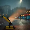 A yellow and black tripod stand for a spotlight is shown on a wet, reflective surface, possibly a street or sports field, during a rainy evening. The spotlight beam illuminates the falling rain, creating an atmospheric scene with blurred city lights and bu Anteprima dell’immagine prodotto