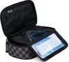 An open pencil case with a checkered pattern, showing its interior compartments and a clear plastic sleeve with a grid pattern. Produktbild-Vorschau