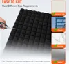 A hand is shown cutting a piece of black acoustic foam with scissors, with examples of surfaces it can be applied to shown on the right. Náhľad obrázku produktu