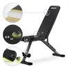 A black adjustable weight bench is shown with close-up insets highlighting its features. Podgląd zdjęcia produktu