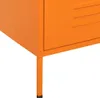 A close-up view of the bottom corner of an orange metal cabinet with a slatted drawer front and a single leg. Anteprima dell’immagine prodotto