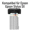 A printer with a picture of a child on a bicycle is shown, with a list of compatible Epson Stylus SX models below. Produktbild-Vorschau