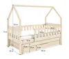 A diagram showing the dimensions of a child's bed with a house-shaped frame and a pull-out drawer. Produktbild-Vorschau