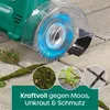 A close-up of an electric joint cleaner with a rotating brush, cleaning between paving stones. Inset images show moss, weeds, and dirt. Anteprima dell’immagine prodotto