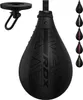A black speed bag with a ceiling mount is displayed against a white background. Several other colored speed bags are shown in a vertical line on the right side of the image. Produktbild-Vorschau