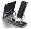 A black leather phone case with a smart view window and a magnetic ring stand is shown in multiple configurations, including one with a magnetic charger. Náhľad obrázku produktu