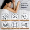 A woman sleeping under a white blanket, with feature icons and text overlays. Produktbild-Vorschau
