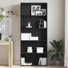 A black wooden bookshelf filled with books and decorative items, next to a desk and a plant. Produktbild-Vorschau