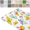 A collage of different wallpaper patterns above a roll of butterfly-patterned wallpaper. Produktbild-Vorschau