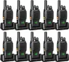 A top-down view of ten black walkie-talkies, each in its own charging dock, arranged in two rows of five. Produktbild-Vorschau