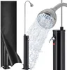 A product shot of an outdoor shower with water flowing, and a protective cover.