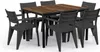 A square dining table with a wooden top and black metal legs, surrounded by six black chairs, set against a white background. Anteprima dell’immagine prodotto