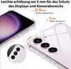A clear protective phone case is shown with callouts highlighting its protective features for the display and camera. Produktbild-Vorschau