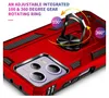 A close-up, angled view of the back of a red phone case with a built-in rotating ring. Text overlays highlight features. Produktbild-Vorschau