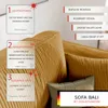 Close-up of a yellow sofa with text overlays describing its features. Náhled obrázku produktu