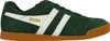 A side view of a green Gola sneaker with white stripes and a brown sole. Produktbild-Vorschau