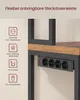 A close-up view of a power strip mounted under a shelf, with accompanying feature callouts on the left. Produktbild-Vorschau