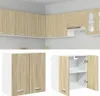 A collage of kitchen cabinets, showing a full set and a close-up of an open cabinet. Produktbild-Vorschau