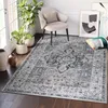 A living room scene with a rug, chair, plants, and artwork.