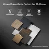 Several square samples of different wood-look and solid color panels are arranged on a dark gray background, with icons and text describing their properties. Produktbild-Vorschau