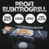 A professional marketing image of an electric grill with various features highlighted by text overlays. Produktbild-Vorschau