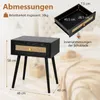 A black bedside table with dimensions shown, and an open drawer with its internal dimensions. Podgląd zdjęcia produktu