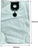 A white vacuum cleaner bag with a black plastic connector is shown flat against a white background. Dimensions are provided on the side and bottom of the image. Produktbild-Vorschau
