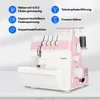 A pink and white overlock sewing machine is shown with descriptive text and icons highlighting its features. Produktbild-Vorschau