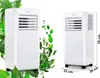 Two white portable air conditioners are displayed against a white background, surrounded by green leaves. Dimensions are indicated on the right side. Podgląd zdjęcia produktu