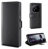 A collage of images showing a black leather flip phone case, a phone inside the case, and a phone propped up in the case. Produktbild-Vorschau