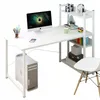 A white computer desk with a computer, monitor, and shelving unit. Podgląd zdjęcia produktu