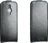 A black leather flip case for a smartphone, shown from the front and back. Náhľad obrázku produktu