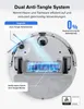 The underside of a white robot vacuum cleaner is shown, with various features highlighted by blue lines and text. Produktbild-Vorschau
