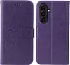 A purple floral butterfly flip phone case is shown open, displaying the inside and the phone slot. Produktbild-Vorschau